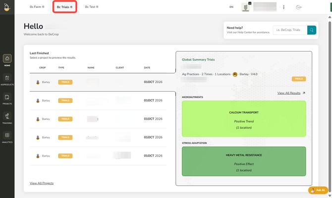 BC Trials portal general dashboard