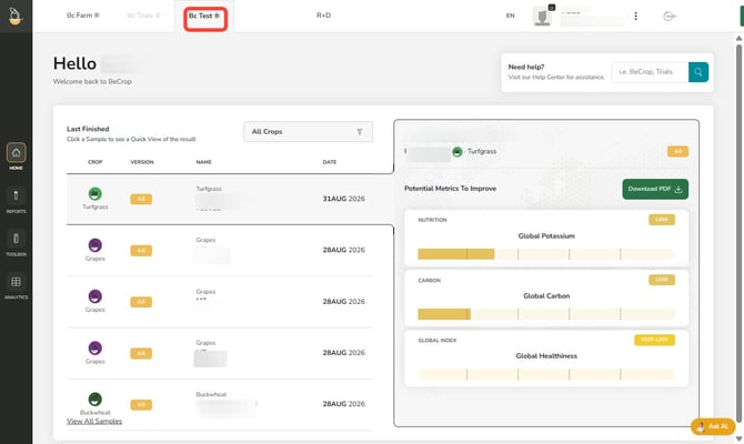 BCTest Portal general dashboard