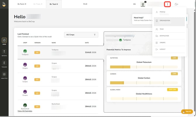 Managing Account BC Portal dashboard