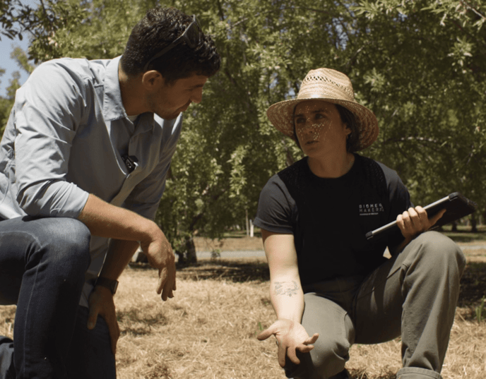 Rhett Cinquini, Liventia and Meri Mullins, Biome Makers discuss in the field how BeCrop is monitoring biostimulants on the soil microbiome